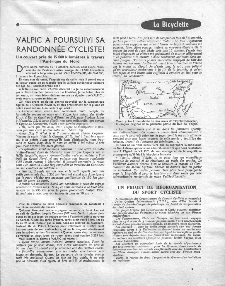 Valpic a poursuivi sa randonnée cycliste — L'Officiel du cycle, 19 January 1957, 15,000 km across North America — page 1 of 1