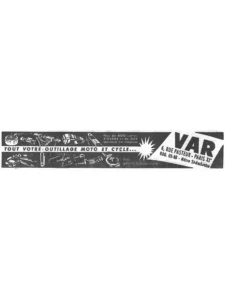 VAR advertisement from L'Officiel du cycle, 19 January 1957, page 18: a long band of workshop tools is drawn in white on black across the page, among them a bearing tool, valve and spoke tools, a chain rivet extractor, a flywheel puller, a two-leg puller, pliers and wrenches, several marked with the VAR name, with the slogan running in a light strip through the middle.