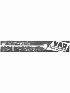 VAR advertisement from L'Officiel du cycle, 16 February 1957, page 20: a long black band runs across the foot of the page with workshop tools drawn in white, among them a bearing tool, valve and spoke tools, a chain rivet extractor, a flywheel puller, a two-leg puller, pliers and wrenches, three of them marked with the VAR name, while the slogan runs through a light strip across the middle.