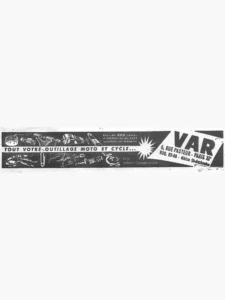 VAR advertisement from L'Officiel du cycle, 2 February 1957, page 11: a long black band runs across the foot of the page with workshop tools drawn in white, among them a bearing tool, valve and spoke tools, a chain rivet extractor, a flywheel puller, a two-leg puller, pliers and wrenches, three of them marked with the VAR name, while the slogan runs through a light strip across the middle.