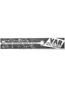 VAR advertisement from L'Officiel du cycle, 30 March 1957, page 28: a long band of workshop tools is drawn in light line on black across the page, among them a bearing tool, valve and spoke tools, a chain rivet extractor, a flywheel puller, pliers and wrenches, several marked with the VAR name, with the slogan running in a light strip through the middle.