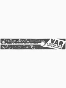VAR advertisement from L'Officiel du cycle, 13 April 1957, page 39: a long band of workshop tools is drawn in white on black across the page, among them a bearing tool, valve and spoke tools, a chain rivet extractor, a flywheel puller, a two-leg puller, pliers and wrenches, several marked with the VAR name, with the slogan running in a light strip through the middle.