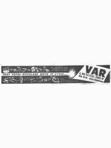 VAR advertisement from L'Officiel du cycle, 8 June 1957, page 34: a long band of workshop tools is drawn in white on black across the page, among them a bearing tool, valve and spoke tools, a chain rivet extractor, a flywheel puller, pliers and wrenches, several marked with the VAR name, with the slogan running in a light strip through the middle.