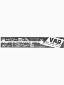 VAR advertisement from L'Officiel du cycle, 6 July 1957, page 30: a long band of workshop tools is drawn in light line on black across the page, among them a bearing tool, valve and spoke tools, a chain rivet extractor, a flywheel puller, pliers and wrenches, several marked with the VAR name, with the slogan running in a light strip through the middle.
