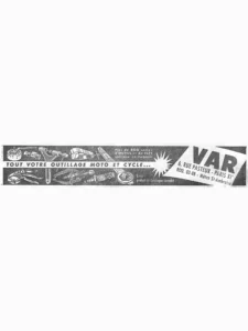 VAR advertisement from L'Officiel du cycle, 23 November 1957, page 10: a long band of workshop tools is drawn in white on black across the foot of the page, among them a bearing tool, valve and spoke tools, a chain rivet extractor, a flywheel puller, a two-leg puller, pliers and wrenches, several marked with the VAR name, with the slogan running in a light strip through the middle.