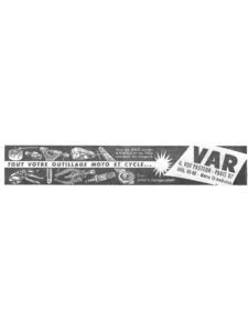 VAR advertisement from L'Officiel du cycle, 21 December 1957, page 22: a long band of workshop tools is drawn in light line on black across the page, among them a bearing tool, valve and spoke tools, a chain rivet extractor, a flywheel puller, pliers and wrenches, several marked with the VAR name, with the slogan running in a light strip through the middle.