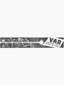VAR advertisement from L'Officiel du cycle, 7 December 1957, page 17: a long band of workshop tools is drawn in light line on black across the page, among them a bearing tool, valve and spoke tools, a chain rivet extractor, a flywheel puller, pliers and wrenches, several marked with the VAR name, with the slogan running in a light strip through the middle.
