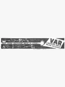 VAR advertisement from L'Officiel du cycle, 5 January 1957, page 13: a long band of workshop tools drawn in white on black runs across the foot of the page, among them extractors, a chain tool, pullers, pliers, open wrenches and a ring spanner, with the slogan in a light strip through the middle; a starburst at the right leads into a slanted light panel carrying the VAR name and its Paris address.