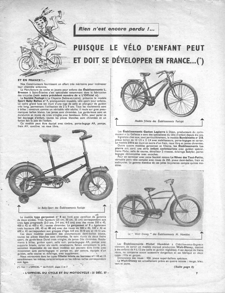 Puisque le vélo d'enfant peut et doit se développer en France, Part Two — L'Officiel du cycle, 21 December 1957, the French Makers — page 1 of 2