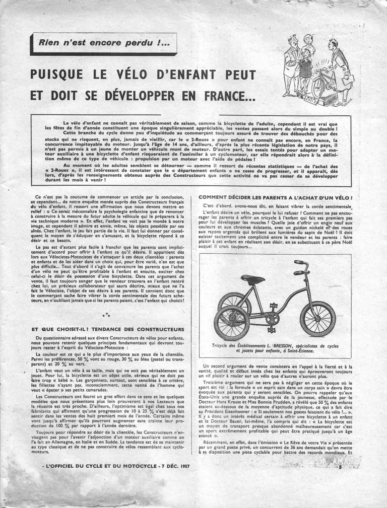 Puisque le vélo d'enfant peut et doit se développer en France — L'Officiel du cycle, 7 December 1957 — page 1 of 2