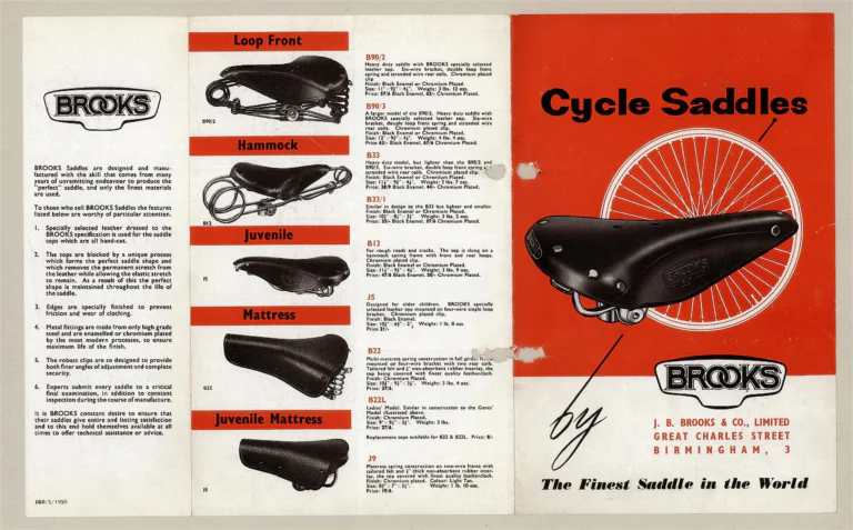 Brooks 1959 Leaflet — Cycle Saddles, The Finest Saddle in the World — page 1 of 2