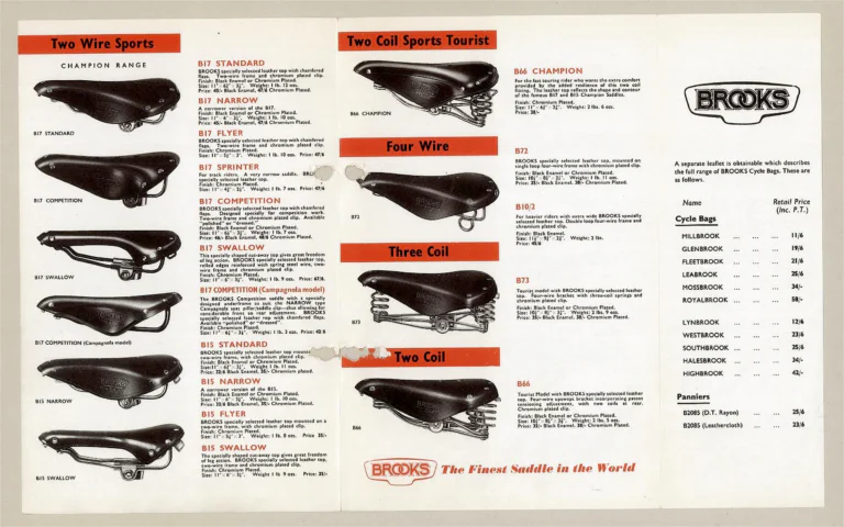 Brooks 1959 Leaflet — Cycle Saddles, The Finest Saddle in the World — page 2 of 2