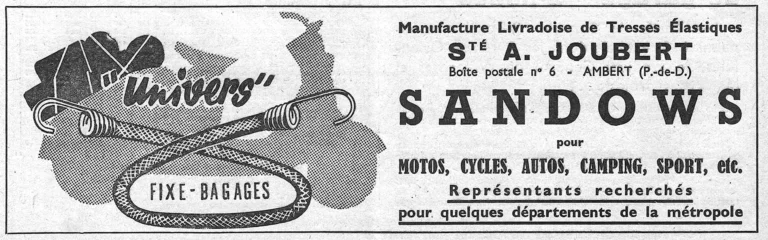 A. Joubert 1959 Advertisement — Univers Sandows for Motorcycles, Cycles and Cars — page 1 of 1