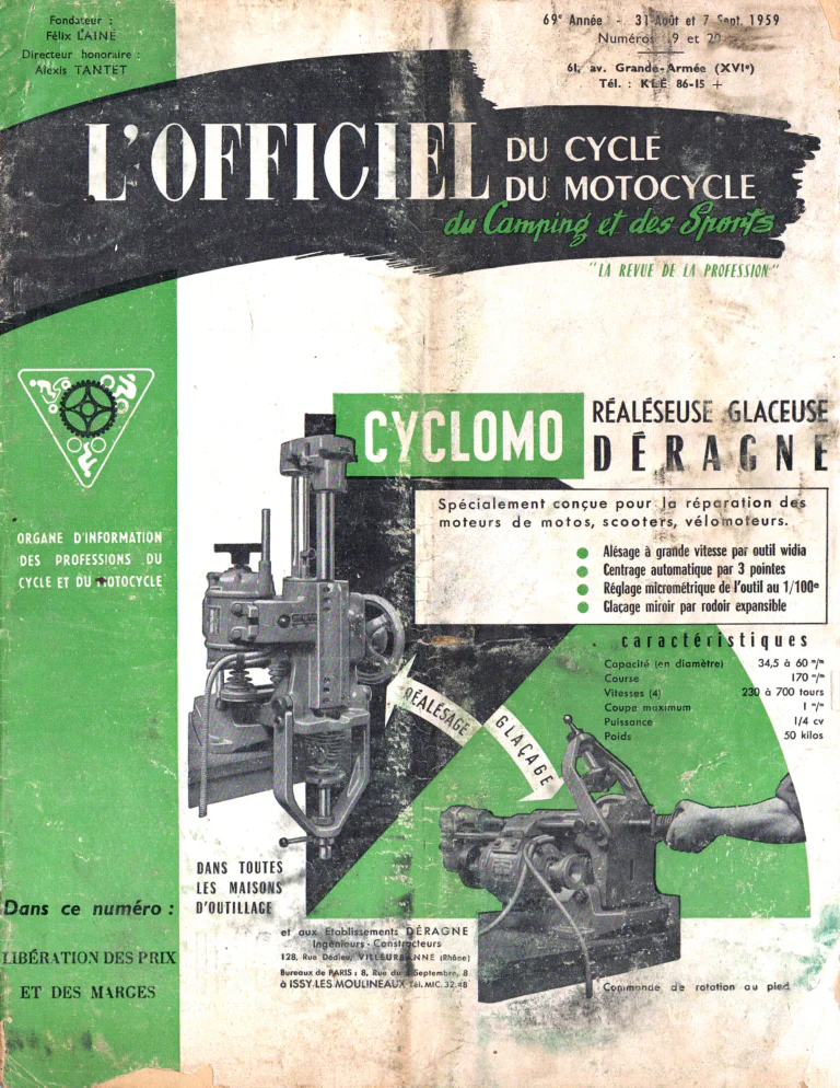 L'Officiel du cycle September 1959 Cover — The Déragne Cyclomo Boring and Glazing Machine — page 1 of 1