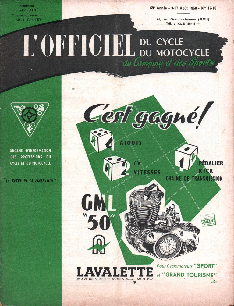 L'Officiel du cycle August 1959 Cover — The Lavalette GML 50 Engine, C'est Gagné — page 1 of 1