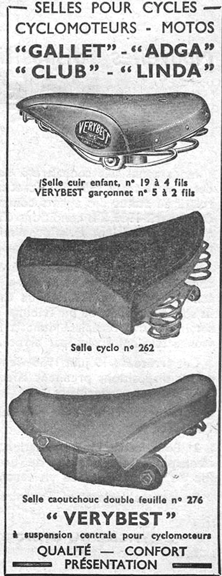 Gallet 1959 Advertisement — Gallet, Adga, Club, Linda and Verybest Saddles — page 1 of 1