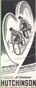 Hutchinson advertisement from L'Officiel du cycle, 31 August-7 September 1959, page 2: two bearded cartoon men in top hats, gray sweaters and white-spotted overalls race one behind the other, each astride a pair of small tires as if on a frameless bicycle and gripping a long arrow, across the face of a huge tire drawn in sweeping curves against a black ground, with a second tire with a zigzag tread rising behind them.