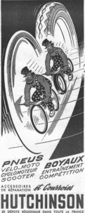 Hutchinson advertisement from L'Officiel du cycle, 3-17 August 1959, page 8: two bearded cartoon men in top hats, dark sweaters and white-spotted overalls race one behind the other, each riding a single small tire and gripping a long arrow, across the face of a huge tire drawn in sweeping curves against a black ground, with a second tire with a zigzag tread rising behind them.