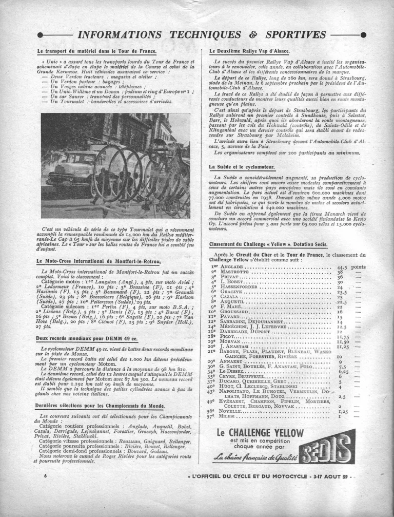 Informations techniques & sportives — L'Officiel du cycle, 3-17 August 1959, the Tour de France Transport and the Challenge Yellow Standings — page 1 of 1