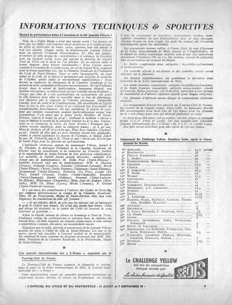 Informations techniques & sportives — L'Officiel du cycle, 31 August-7 September 1959, the 34th Journée Vélocio and the Challenge Yellow After the Worlds — page 1 of 1