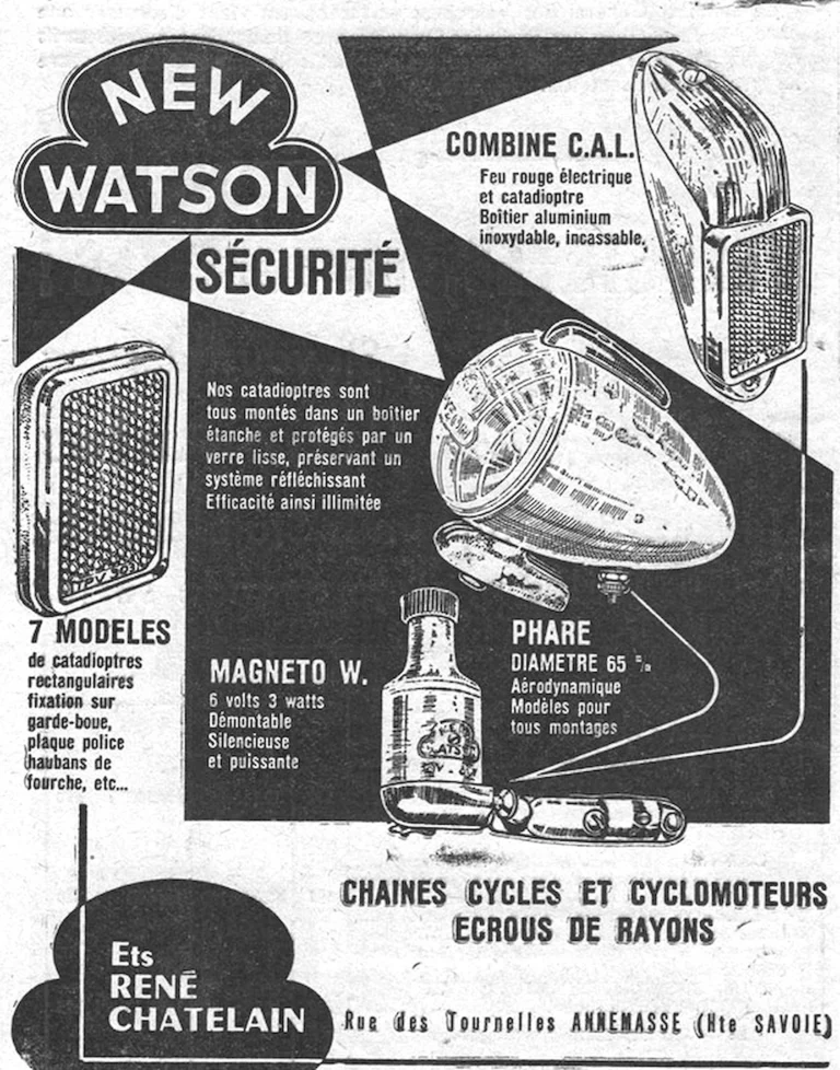 New Watson 1959 Advertisement — Reflectors, Lamps, Dynamos and Chains for Cycles — page 1 of 1