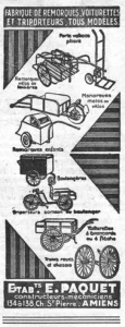 Paquet advertisement from L'Officiel du cycle, 3-17 August 1959, page 26: a tall column of small line drawings shows a folding luggage trolley, a two-wheel cycle trailer, a single-wheel trailer for motorcycles or bicycles, a hooded child trailer, a baker's box carrier, a delivery tricycle, a light cart with shafts and a pair of spoked wheels on an axle, each named by a small caption.