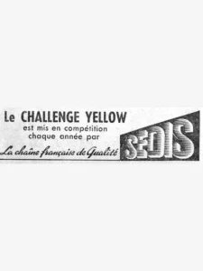 Sedis advertisement from L'Officiel du cycle, 31 August-7 September 1959, page 7: a small text box with the name Sedis in tall letters shaded with horizontal hatching, reversed out of a black wedge-shaped panel at the right, the slogan in script running along a rule at the foot.