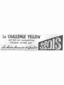 Sedis advertisement from L'Officiel du cycle, 3-17 August 1959, page 6: a small text box with the name Sedis in tall shaded letters reversed out of a black wedge-shaped panel at the right, the slogan in script running along a rule at the foot.