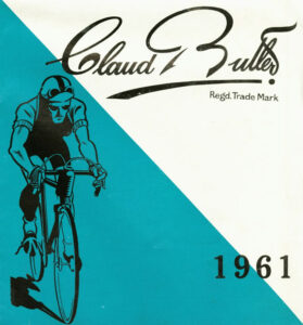 Front cover of the 1961 Claud Butler catalog: a drawing of a racing cyclist riding head-on out of a turquoise diagonal half below the Claud Butler script trademark, with the year 1961 in large numerals at lower right.