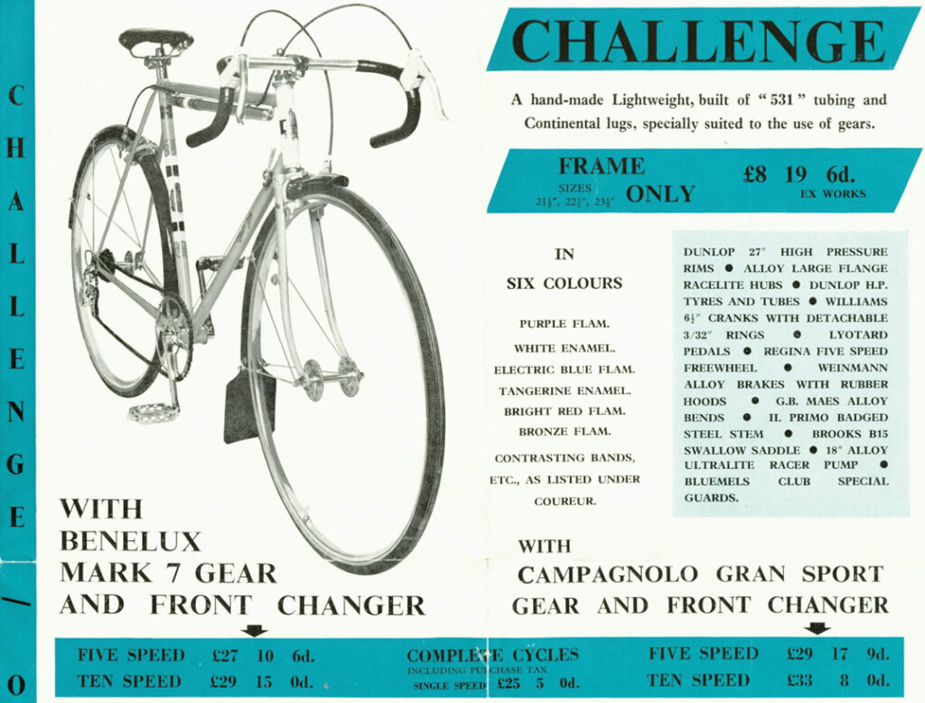 A catalog spread for the Claud Butler Challenge lightweight, with a photograph of the bicycle, its specification and two price panels, one with a Benelux Mark 7 gear and one with a Campagnolo Gran Sport gear and front changer.
