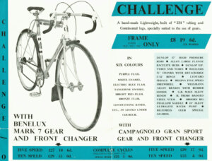 Page of the 1961 Claud Butler catalog, the Challenge: a two-panel spread with a photograph of the complete bicycle at a front three-quarter angle, the frame price, finishes and fittings, and a turquoise band of complete-cycle prices.