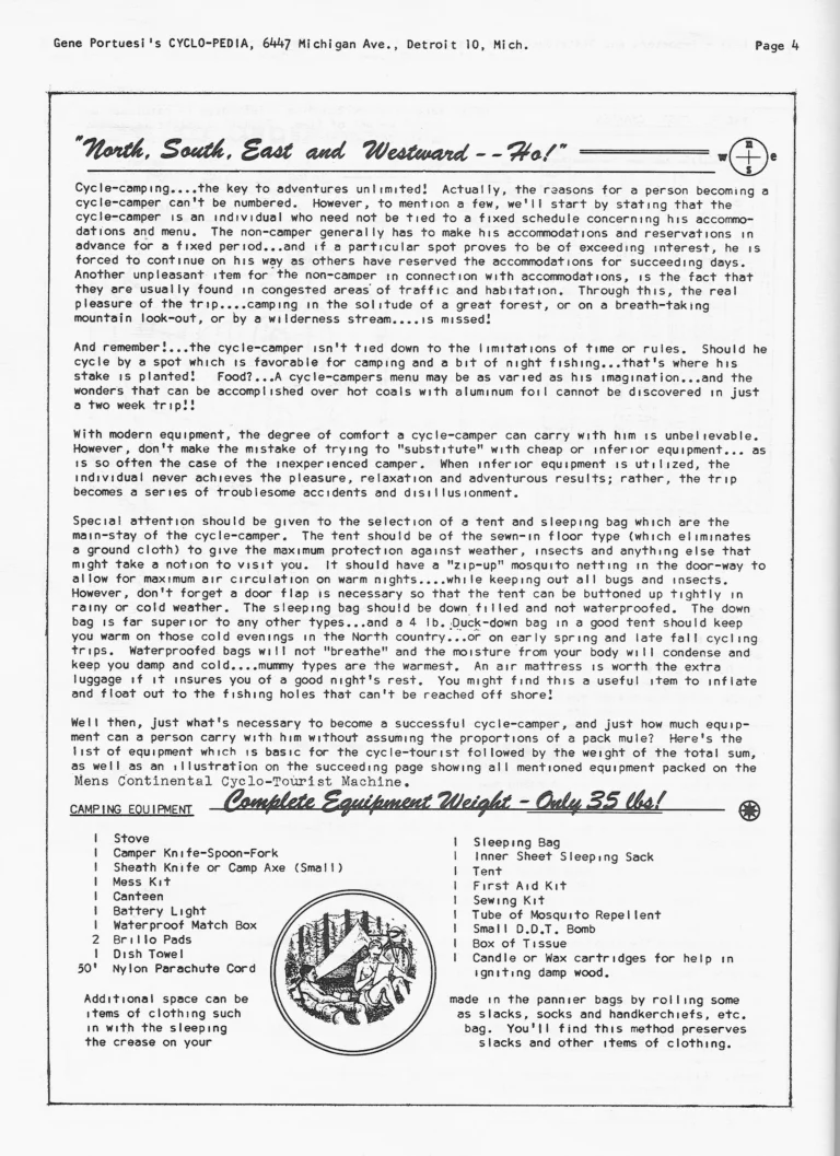 Gene Portuesi's Cyclo-pedia 1961, Fourth Edition (14 Pages) — Cycling Tips, Cycle-Camping, Maintenance, Lyotard Pedals and Gear Tables — page 3 of 14