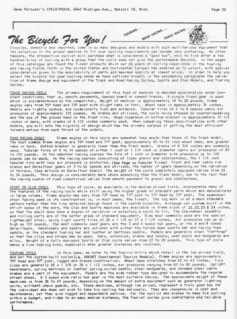 Gene Portuesi's Cyclo-pedia 1961, Fourth Edition (14 Pages) — Cycling Tips, Cycle-Camping, Maintenance, Lyotard Pedals and Gear Tables — page 6 of 14