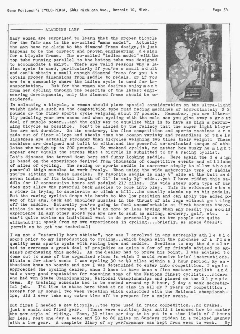 Gene Portuesi's Cyclo-pedia 1961, Fourth Edition (14 Pages) — Cycling Tips, Cycle-Camping, Maintenance, Lyotard Pedals and Gear Tables — page 11 of 14