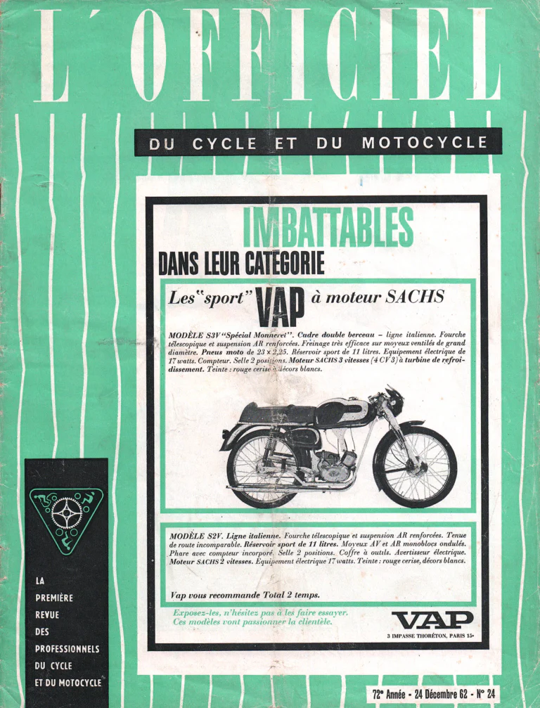 L'Officiel du cycle December 1962 Cover — The VAP Sport Machines with Sachs Engines, Unbeatable — page 1 of 1