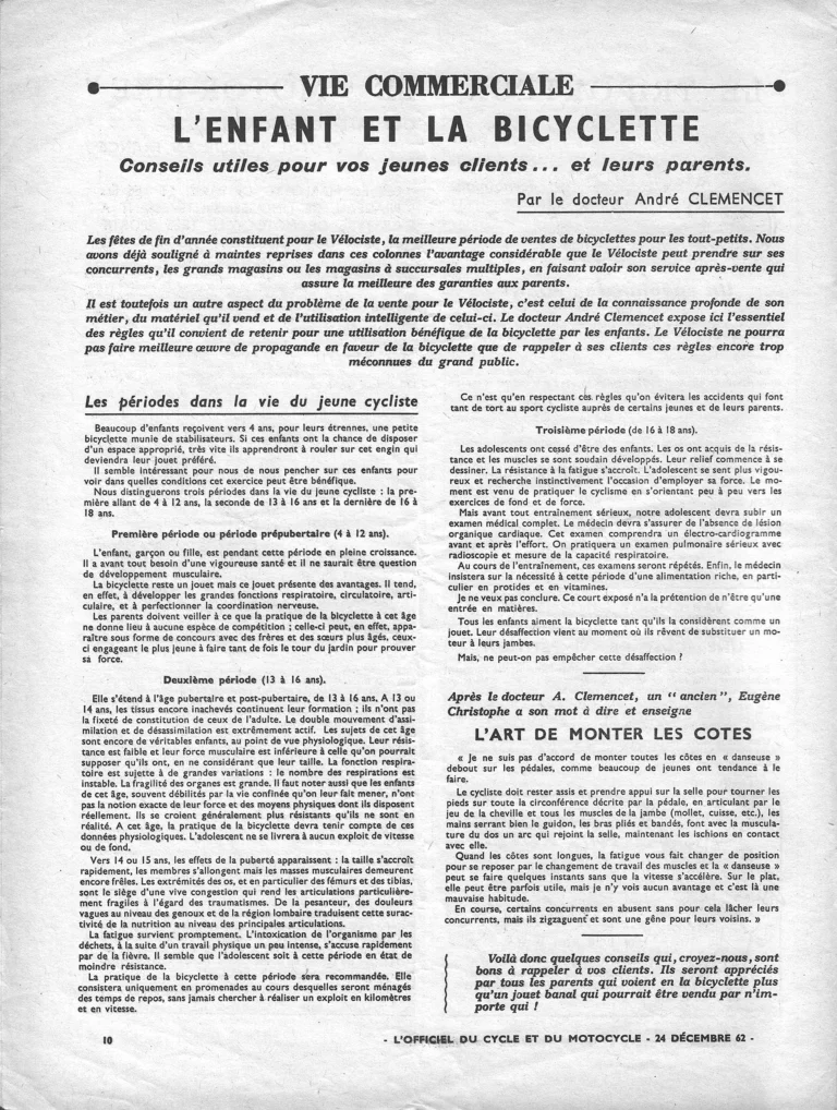L'Enfant et la bicyclette — L'Officiel du cycle, 24 December 1962, by Dr André Clemencet — page 1 of 1
