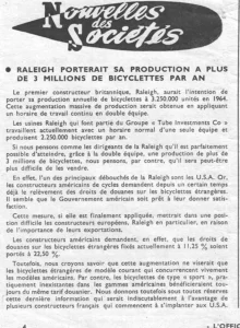 The news item on Raleigh's plan to make over three million bicycles a year, from L'Officiel du cycle, 24 December 1962, page 4.
