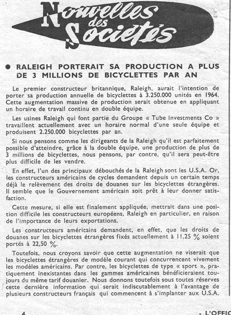 Raleigh porterait sa production à plus de 3 millions de bicyclettes par an — L'Officiel du cycle, 24 December 1962 — page 1 of 1