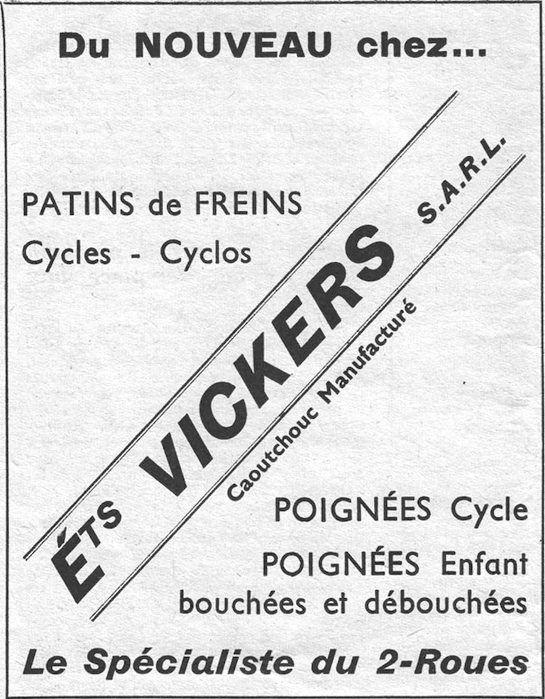 Vickers 1962 Advertisement — Brake Blocks and Grips for Cycles and Cyclos — page 1 of 1