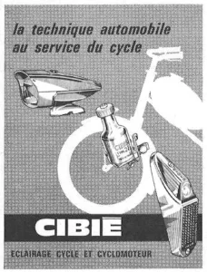 Cibié advertisement from Le Cycle, January 1964, page 6: a headlamp, a dynamo and a rear lamp drawn over the white silhouette of a cycle.
