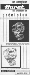 Huret advertisement from Le Cycle, January 1964, page 4: two handlebar speedometers in white and black, headed "un compteur Huret est synonyme de précision".
