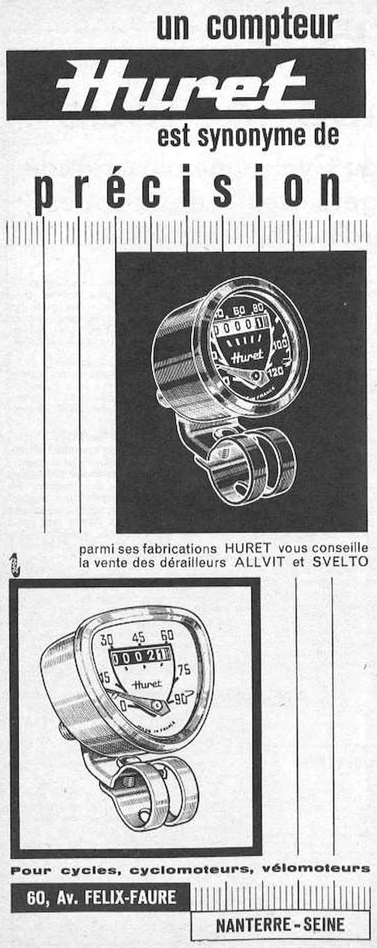 Huret January 1964 Advertisement — A Huret Speedometer Means Precision — page 1 of 1