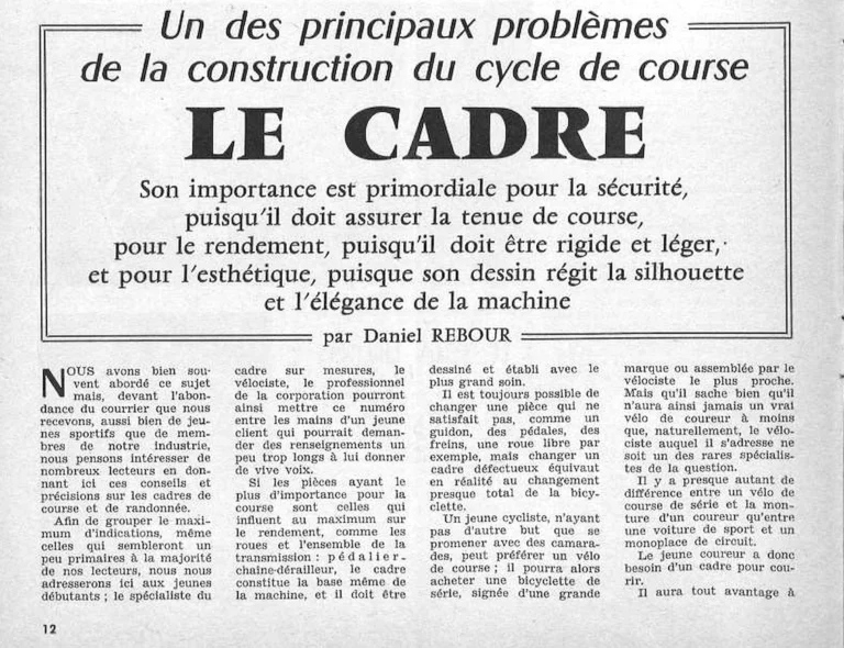 Un des principaux problèmes de la construction du cycle de course : le cadre — Le Cycle, January 1964, by Daniel Rebour — page 1 of 12