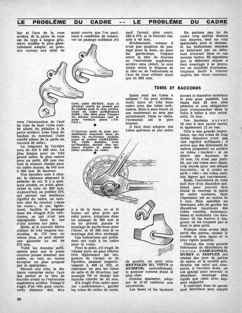 Page 20 of Le Cycle, January 1964: Rebour's drawings of Huret, track and Campagnolo fork ends, under the heading "Tubes et raccords".