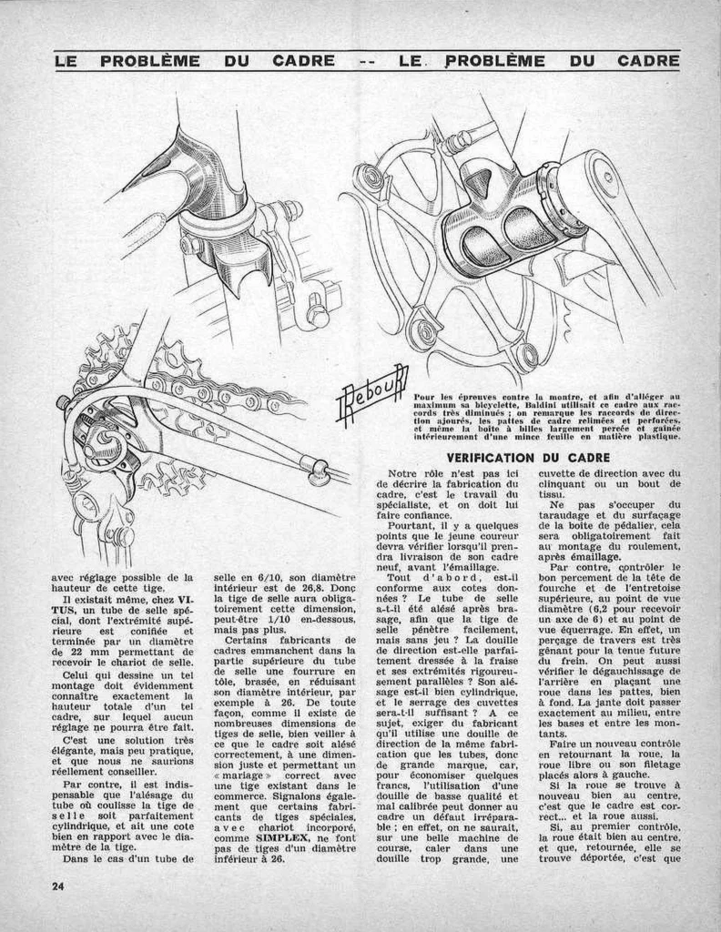 Page 24 of Le Cycle, January 1964: Rebour's drawings of Baldini's lightened time-trial frame, under the heading "Vérification du cadre".