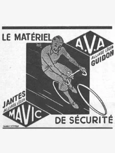 Mavic advertisement from Le Cycle, January 1964, page 28: a grinning rider bursting from a dark panel with an A.V.A. handlebar and two Mavic rims.