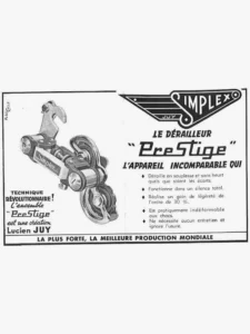 Simplex advertisement from Le Cycle, January 1964, page 2: a photograph of the Prestige rear derailleur under the winged Simplex Juy emblem, with five claims for it.