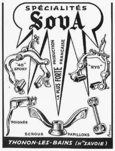 Sova advertisement from Le Cycle, January 1964, page 31: two caliper brakes, a lever, a wing nut and a wrench around a burst of black spikes.