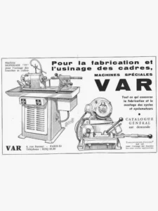 VAR advertisement from Le Cycle, January 1964, page 2: pen drawings by Rebour of the Mondiale "77" frame machine and the Réf. 149 fork-cutting machine.
