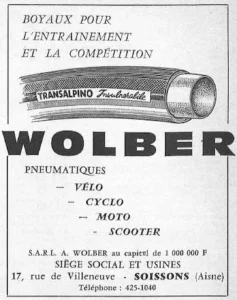 Wolber advertisement from Le Cycle, January 1964, page 6: a drawing of a Transalpino tubular tire above the Wolber name and the Soissons address.